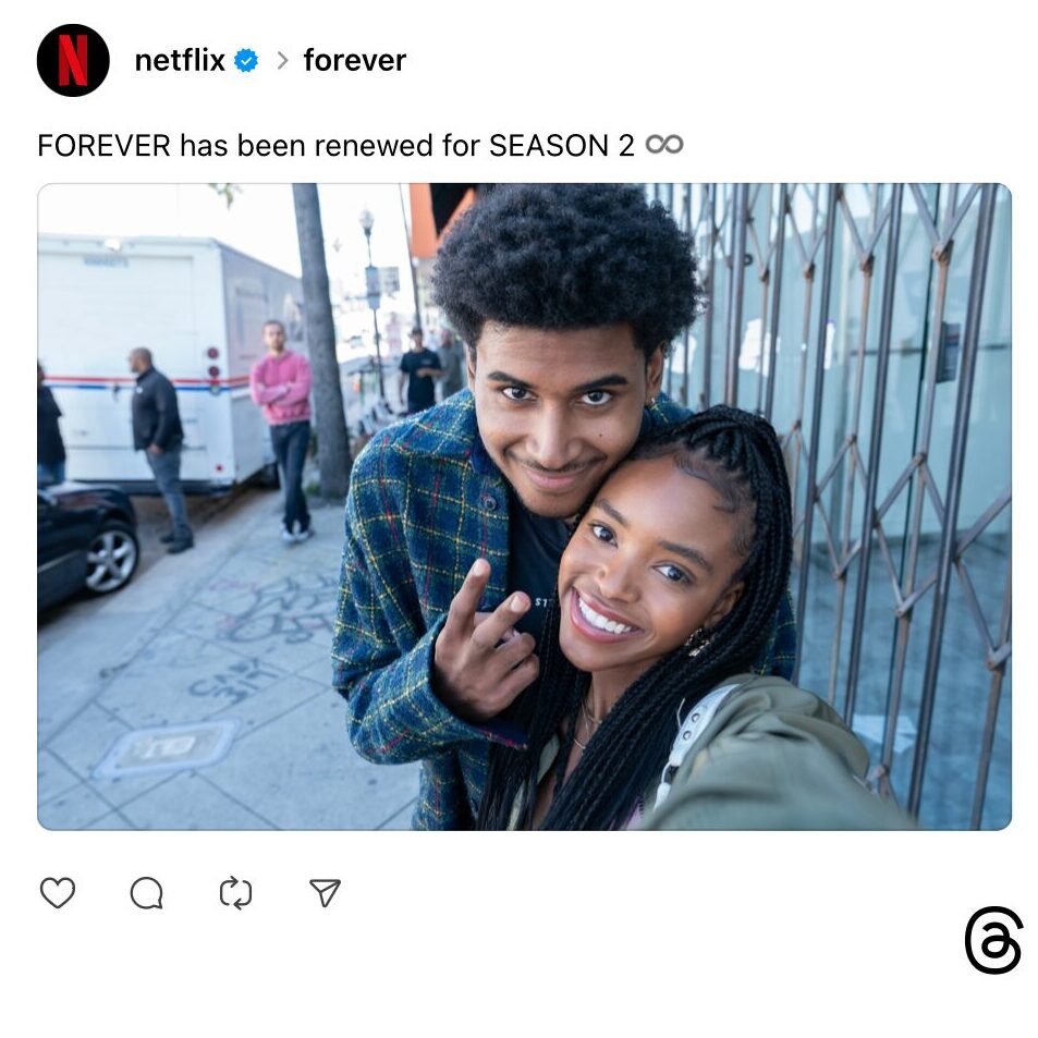 Threads post from @netflix: FOREVER has been renewed for SEASON 2